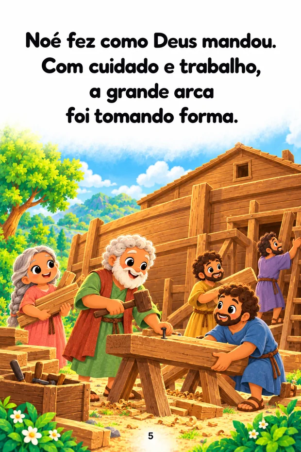 Página interna ilustrada de A Arca de Noé, com texto e cena infantil